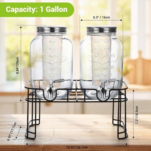 Glass Drink Dispenser with Fruit Infusers, Spouts  & Stand - 1GAL - Clear/Black image 2