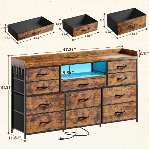 enhomee 11-drawer fabric dresser/tv stand with led lights & charging station - 47" x 12" x 31" - rustic brown - (model: 55scdrd3scg) image 3