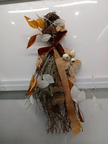 Autumn Grapevine Teardrop Door Swag with Faux Pumpkins, Foliage & Velvet Ribbon - 24" image 2