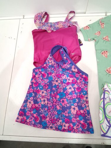 4 ASSORTED GIRL'S CLOTHES - 1 ONE PIECE SWIMSUIT, 1 SWIM TOP, 1 SHIRT, 1 SHORTS - LARGE (10/12) - PINK/PURPLE/GREEN image 3