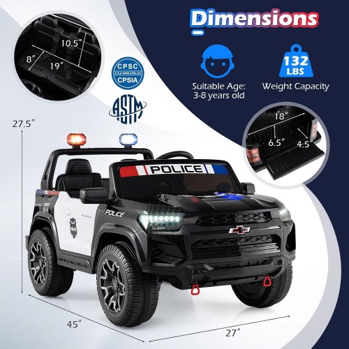 Costzon Chevrolet Kids 2-Seater Electric Ride on Police Car with Megaphone, Siren, LED Flashing Lights - 24V - Black image 2