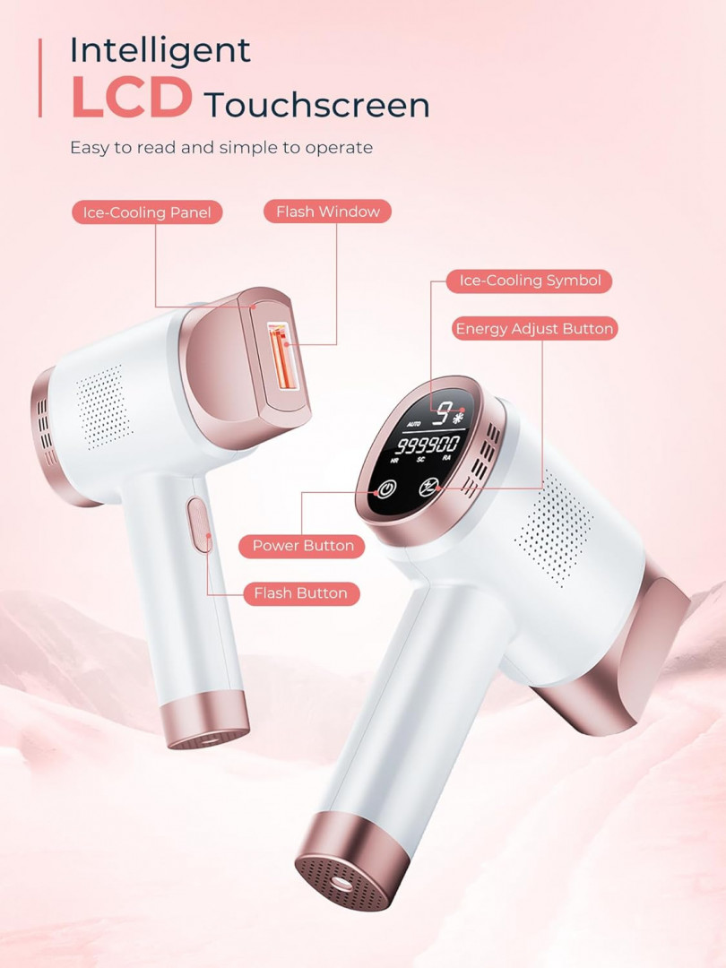 Beauris Laser Hair Removal Device with 3 Functions & Ice-Cooling technology - 9 Energy Levels - 36W - 24V/1.5A - white / pink - Model: (FZ-608G) image 2