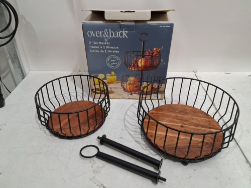 over&back 2-tier wire metal fruit basket - black/acacia wood (model : 1986459) image 2