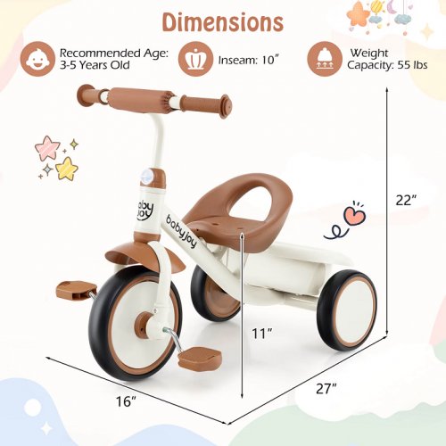 babyjoy kid's toddler tricycle with adjustable seat & storage basket - 16" x 27" x 22" - beige/brown (model: tq10343be) image 2