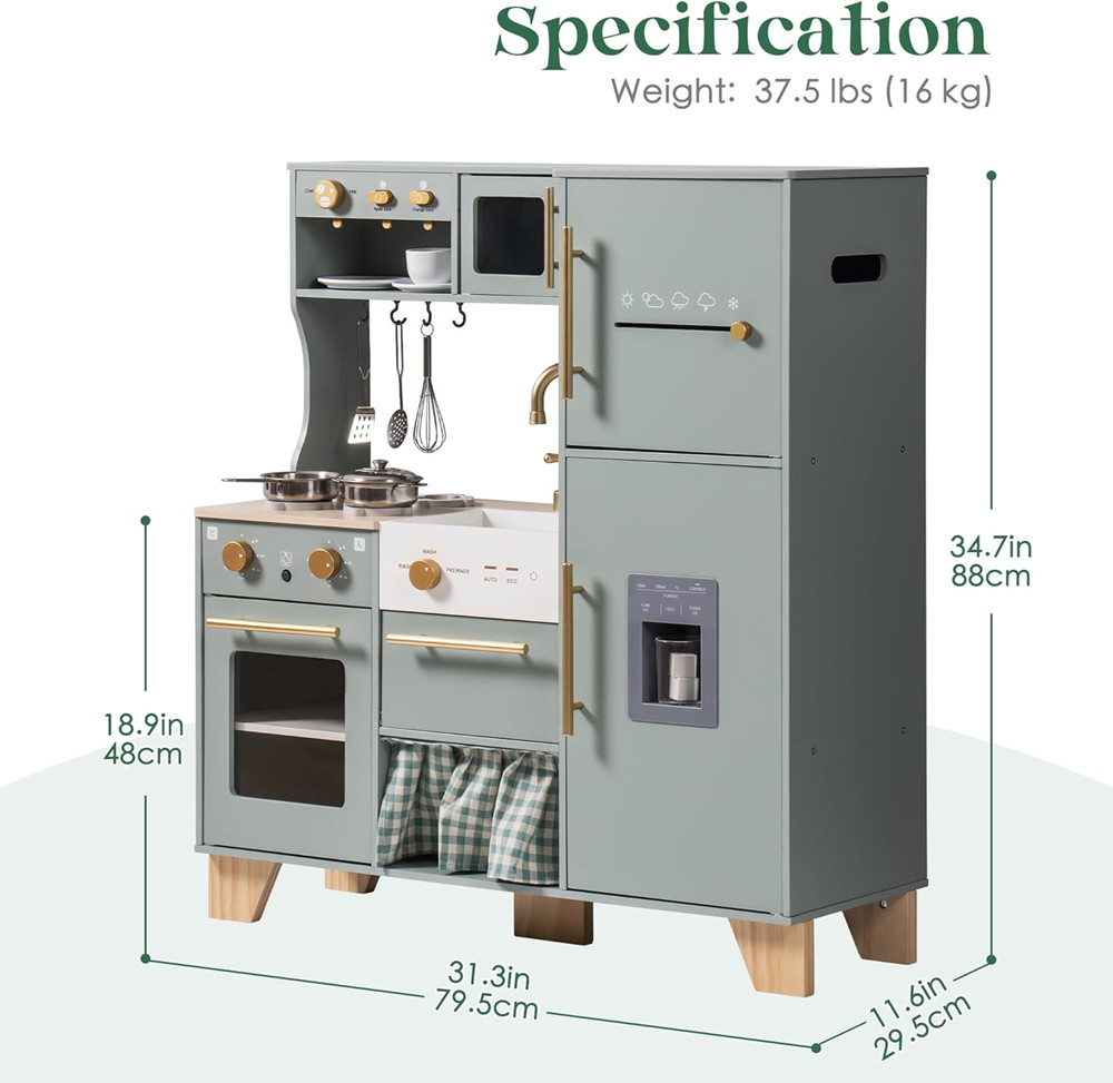 Robud Bean Green Wooden Pretend Play kitchen - Green (model: wcf05) image 2