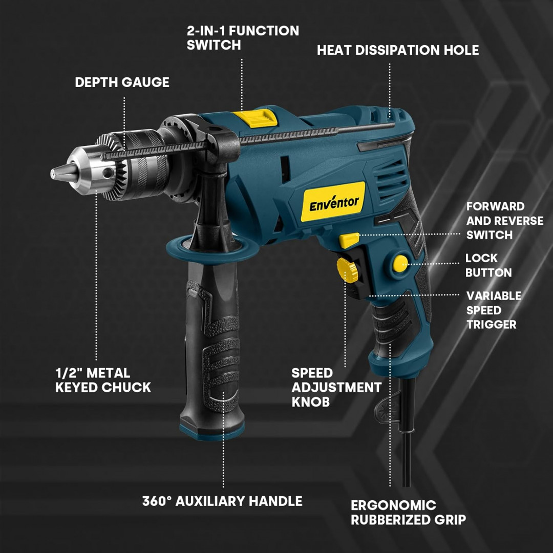 ENVENTOR 2-in-1 lightweight corded electric hammer/drill with 360° rotating Auxiliary Handle & 9 drill bits - 7.5A, 3000RPM - blue (MODEL: WD60190) image 4