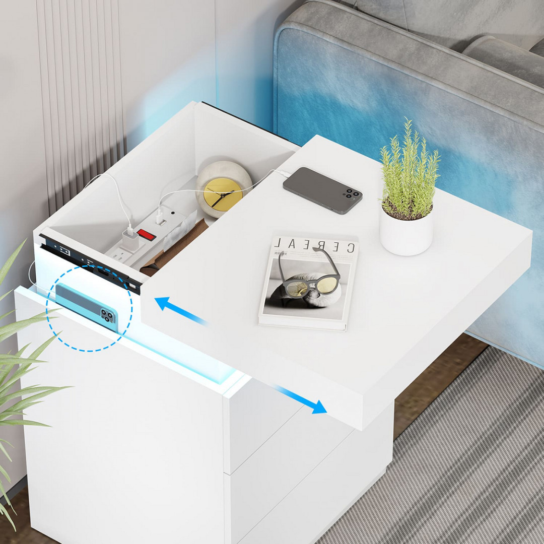 Nightstand with LED Lights Charging Station - 26.8" x 17.7" x 15.8" - White (Model: AJ-DJ502530) image 3