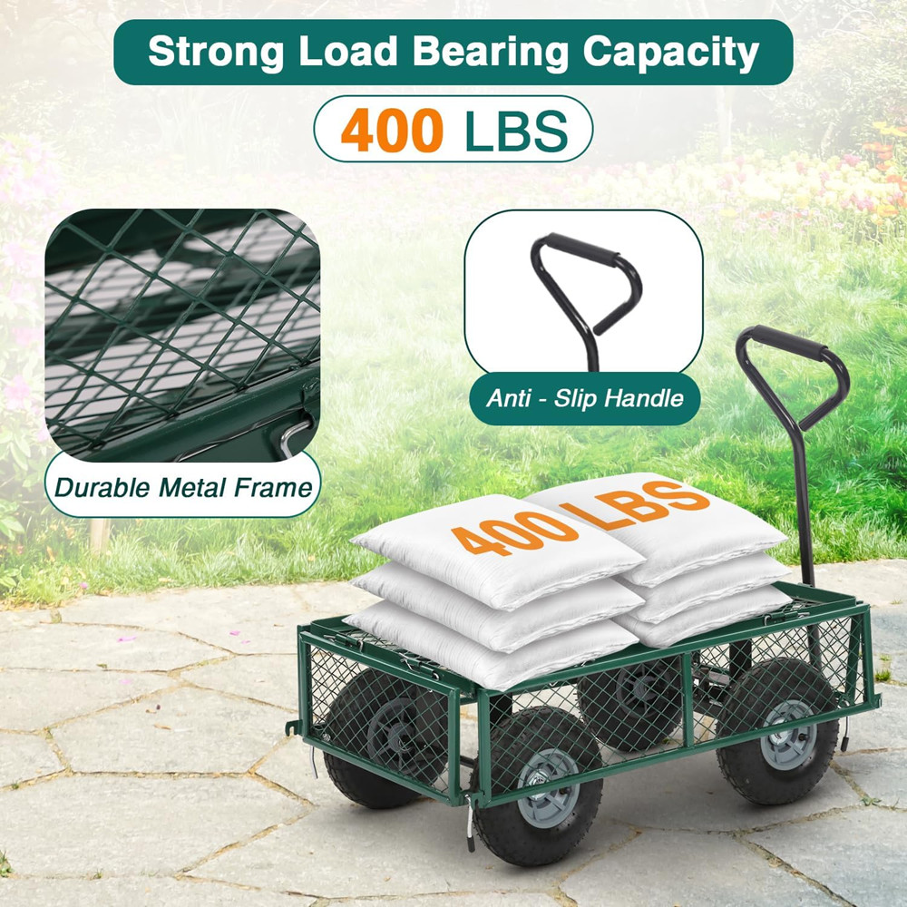 FDW Steel Heavy Duty Garden Dump Wagon Utility Cart - 400LBS MAX - 33.9" x 18.5" x 20.9"- Green - (Model: FDW-XJ-87-Green) image 2