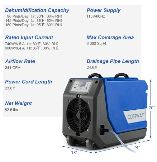 COSTWAY 180 PPD Commercial Industrial Dehumidifier with Pump & Drain Hose - 6000 SQ.FT, 115V - BLUE/gray (MODEL: es10196us-bl) image 2