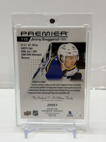 2025-26 UPPER DECK PREMIER JIMMY SNUGGERUD PATCH ROOKIE CARD  GREEN/WHITE CARD #115 image 2