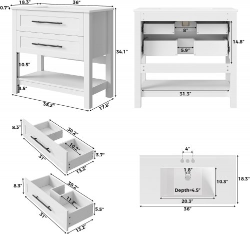 LIKIMIO Bathroom Vanity with Sink, 2 Drawers, and Open Shelf - 36" - White (Model: HK-KZXST-12) image 2