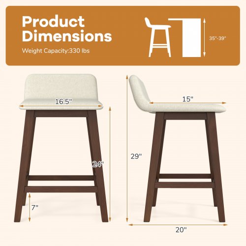 2pk costway low back counter height bar stools - 330lbs max - white/brown - (model: jv12883bn-24) image 2