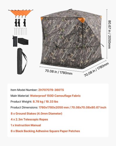 VEVOR HUNTING BLIND 360º SEE-THROUGH PORTABLE RESILIENT HUNTING TENT GROUND BLIND WITH CARRYING BAG - 70" X 70" X 78.7"/4-5 PERSON - CAMOUFLAGE - (MODEL: ZH707079-360TS) image 3