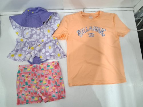 4 assorted girl's SWIM clothes - 1 HAT, 1 SKIRT, 1 SHORTS, 1 SHIRT - EXTRA SMALL (4/5) - PURPLE/PINK/ORANGE image 2