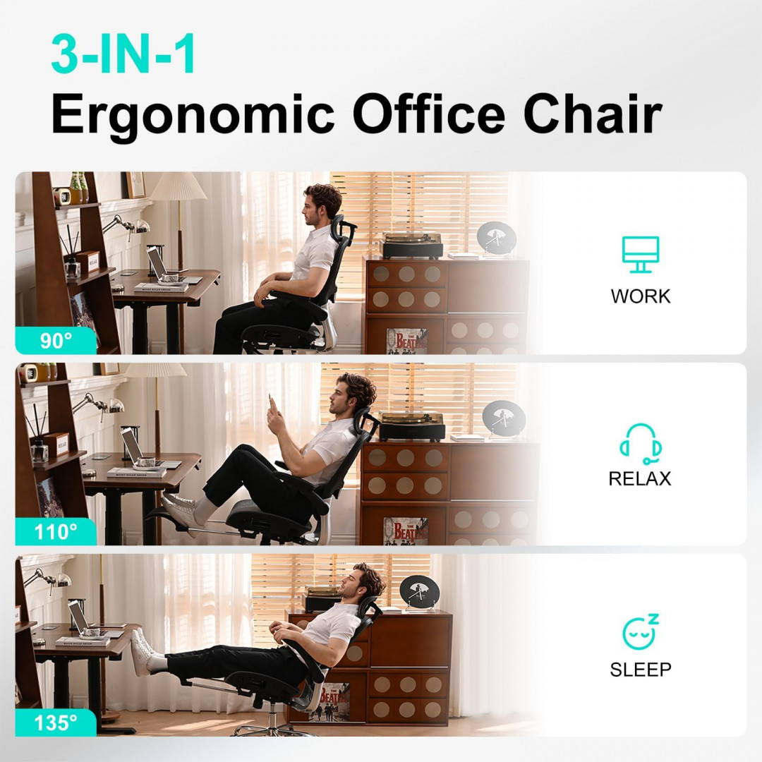 kimupa ergonomic mesh back adjustable with Adaptive Backrest, Adjustable Headrest & flip up armrest office chair - 20" x 10" x 40" - black (model: W805) image 3